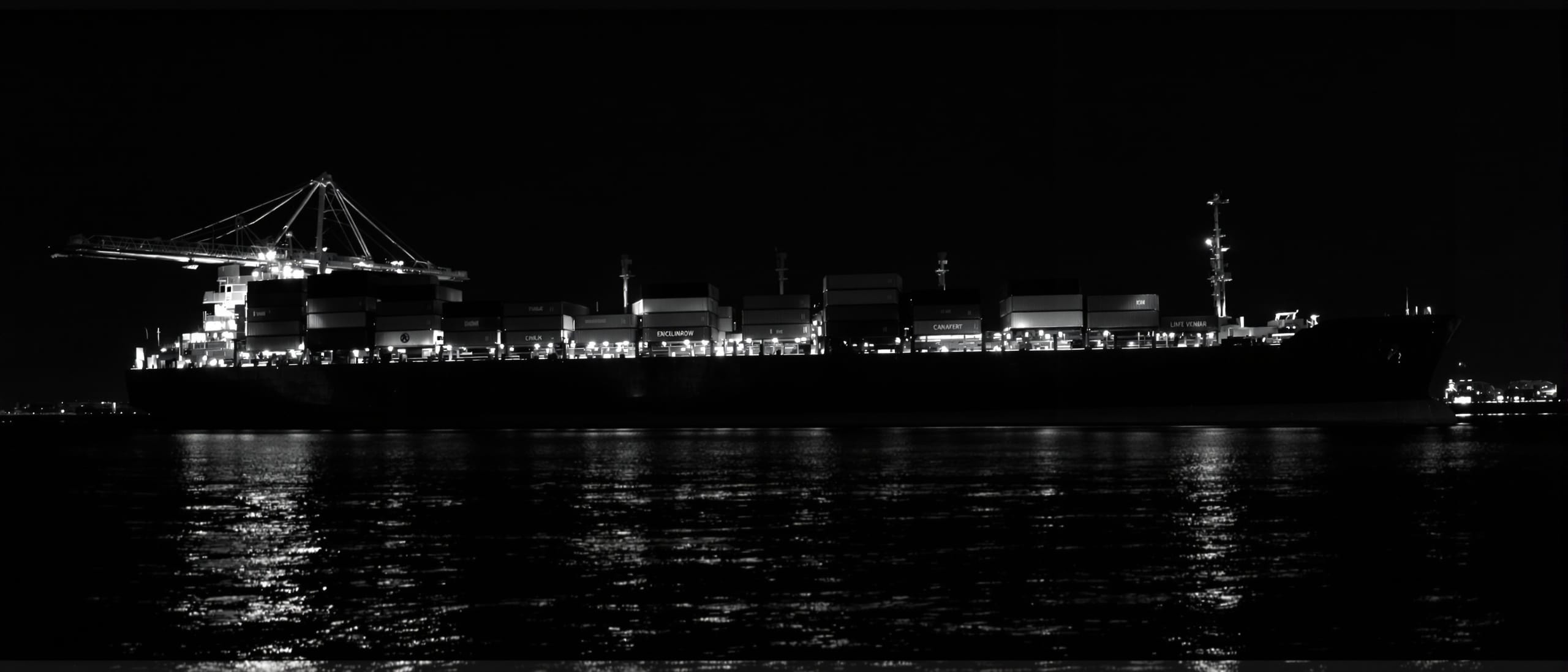 Container ship at berth at night, cranes overhead